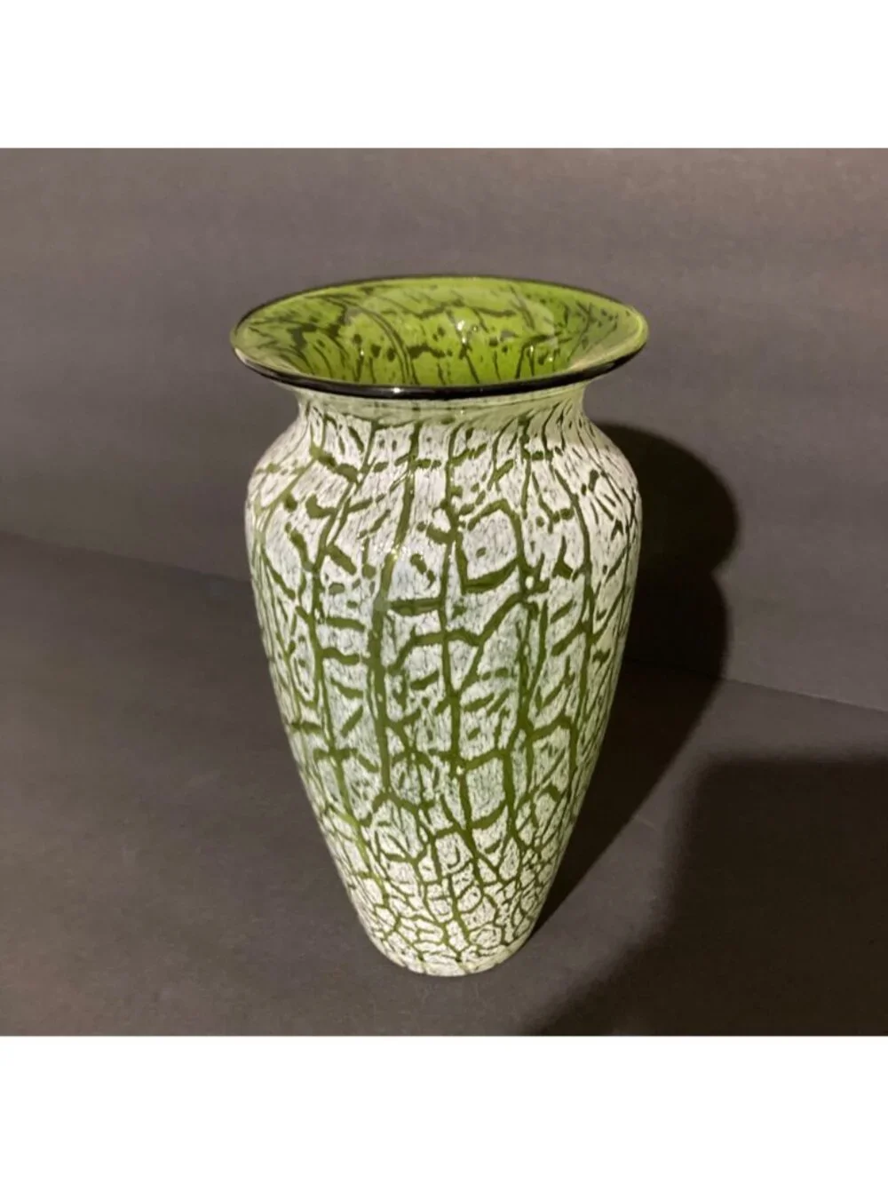 Hand Blown Green With White Crackle Overlay Vase